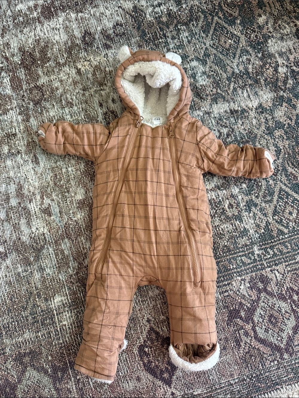 GAP Tan Grid Hooded Baby One-Piece